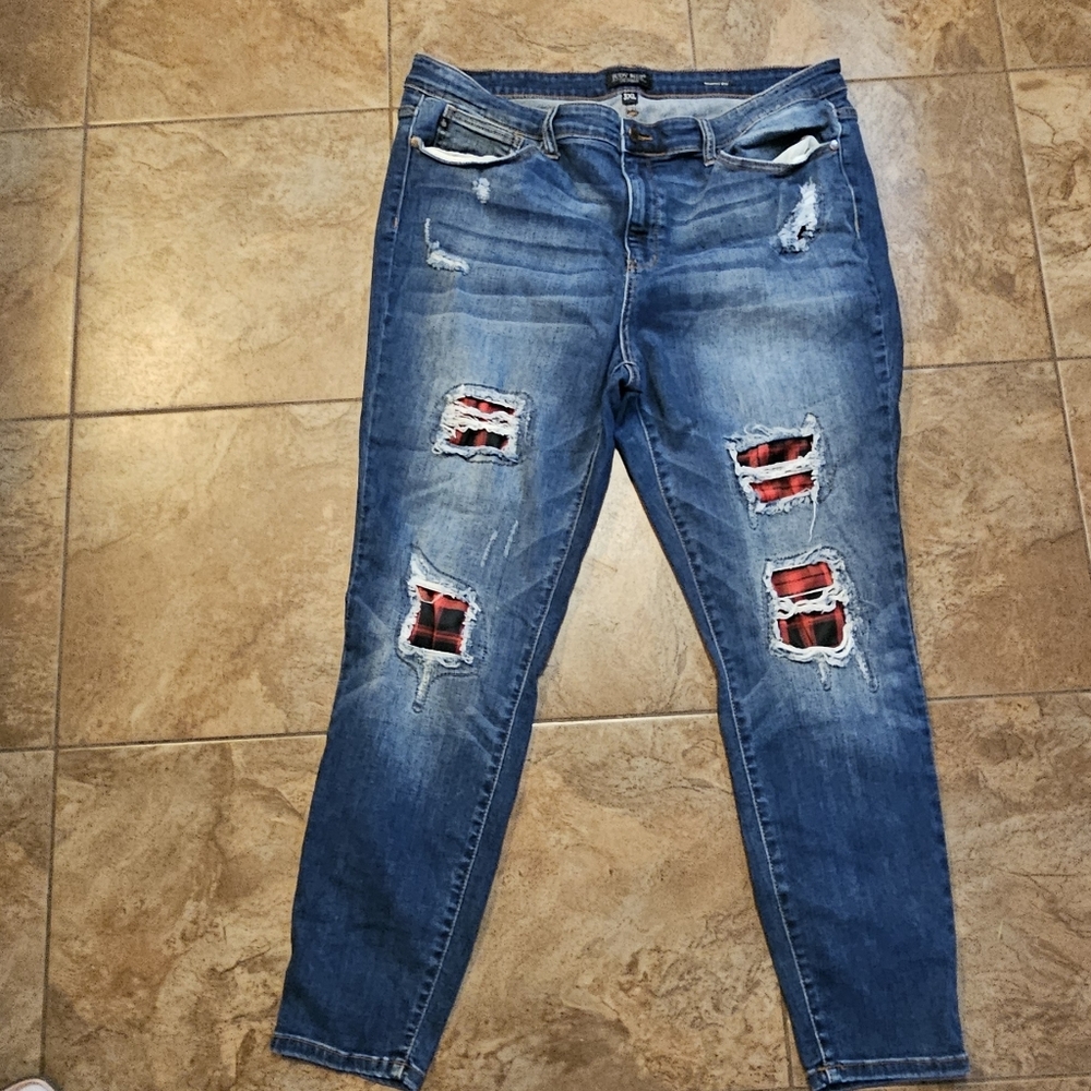 Judy Blue Skinny Jeans with Red Plaid Accents